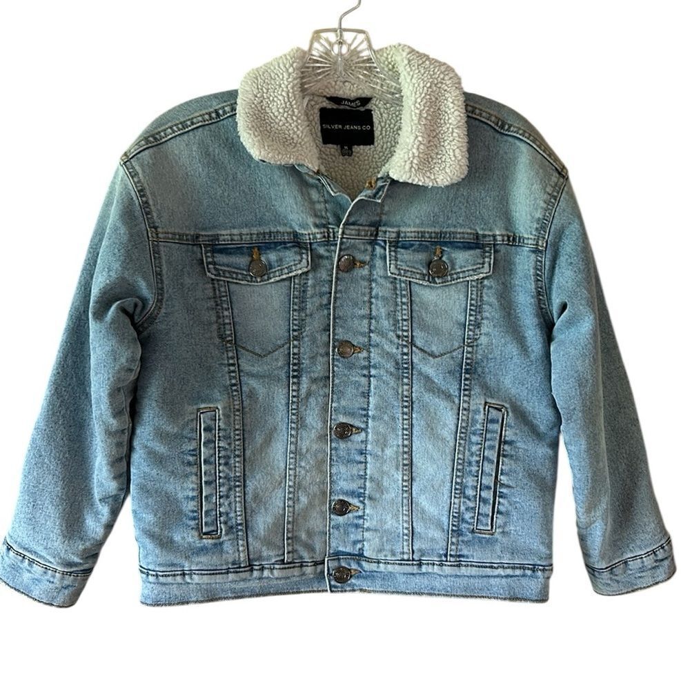 Silver Jeans Unisex Kids Light Blue Denim Jacket with Cream Sherpa Collar